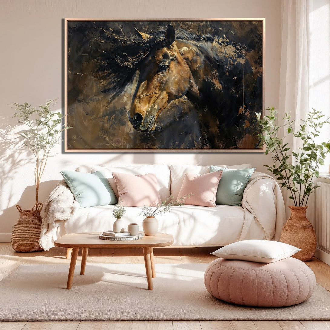 Framed Wall Art featuring a majestic horse in an abstract style with a warm, earthy color palette. Perfect for adding elegance to your living room!