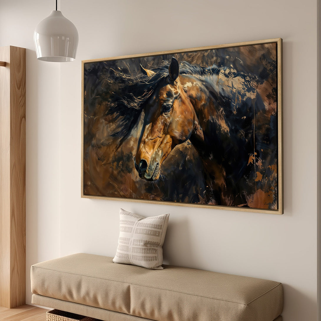 Framed Wall Art: Stunning abstract horse portrait in warm brown and gold tones. Elevate your space with this captivating canvas print.