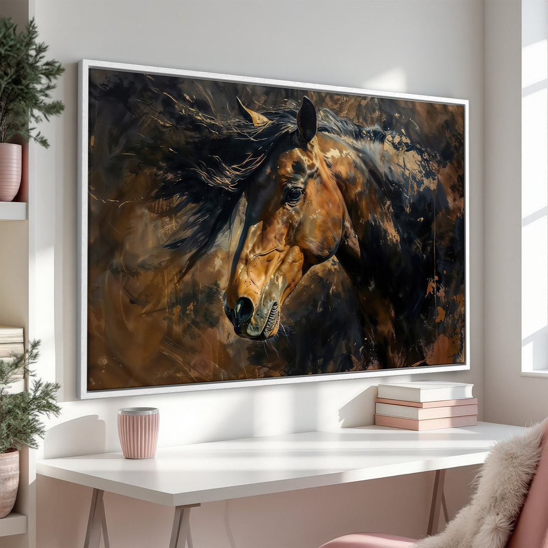 Framed Wall Art: Stunning horse portrait in warm brown and black tones. Modern abstract style canvas print, perfect for home decor.