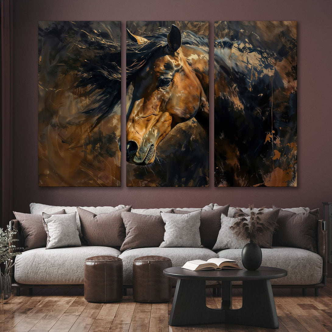 Canvas Print of a majestic horse in an abstract style, featuring a warm brown and black color palette. Perfect for modern home decor.