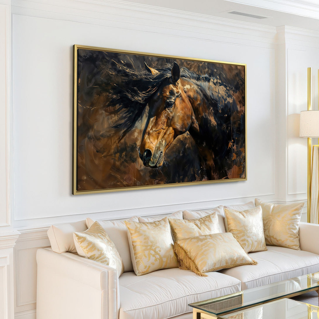 Canvas Print of a majestic horse in a warm brown and black palette. Modern abstract art perfect for living room decor.