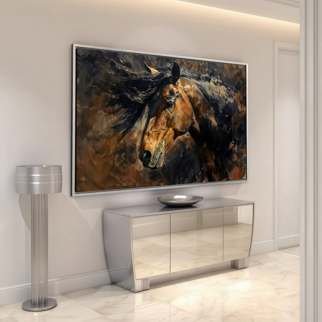 Framed Wall Art: Stunning horse portrait canvas print in warm brown tones. Perfect for adding a touch of elegance to your home decor. Shop now!