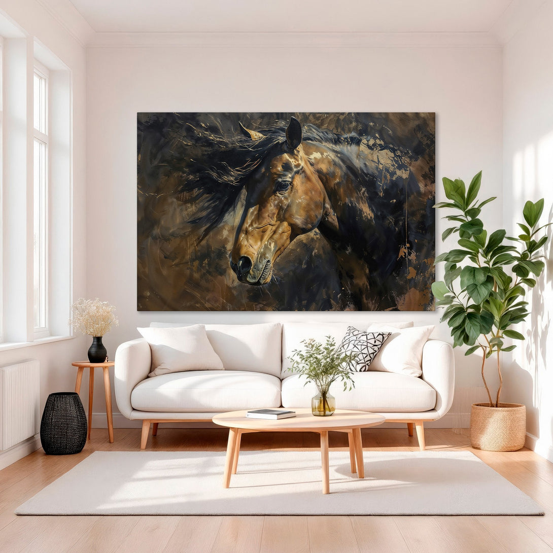 Framed Wall Art: Stunning horse portrait in brown & gold tones. Elegant abstract style, perfect for living room decor. Shop our Canvas Print collection today!