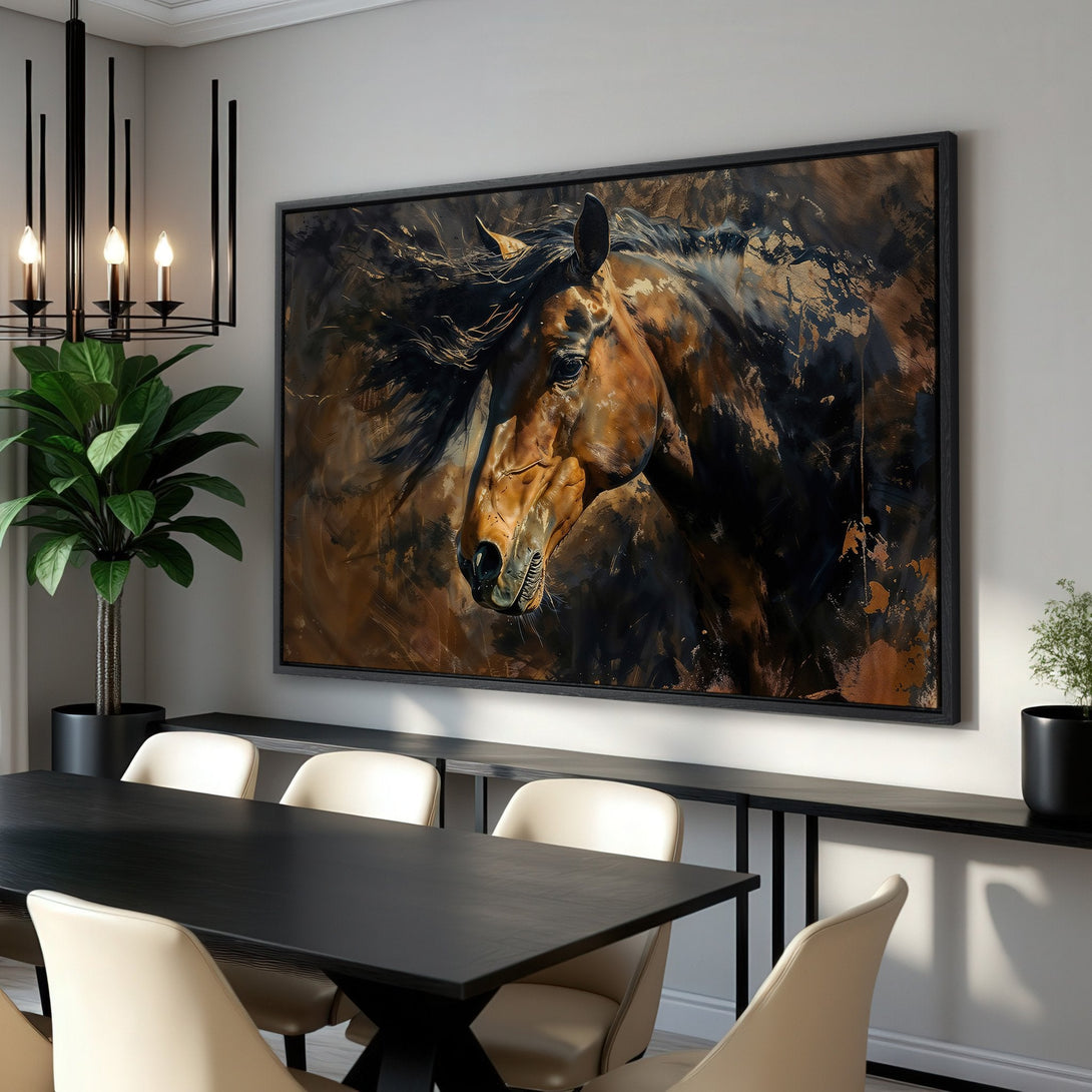 Framed Wall Art: Stunning horse portrait in warm brown and gold tones, adding elegance to any interior. Perfect for modern home decor.