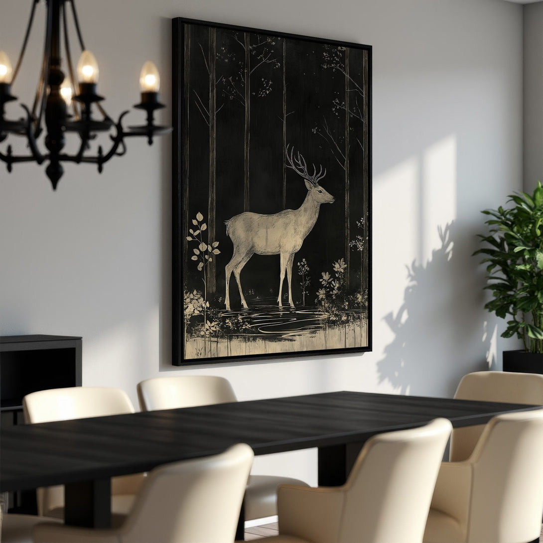 Framed Wall Art featuring a gothic woman in a flowing gown. Dark, moody color palette with hints of orange and grey. Perfect for adding drama to your space.