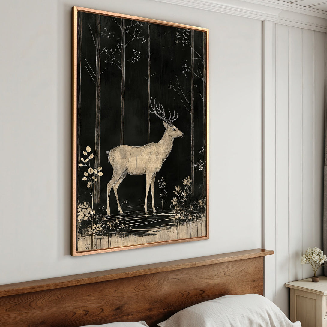 Framed Wall Art: Elegant woman in gown, dark & gold tones. Gothic interior decor. Canvas Print perfect for adding sophistication to your space.