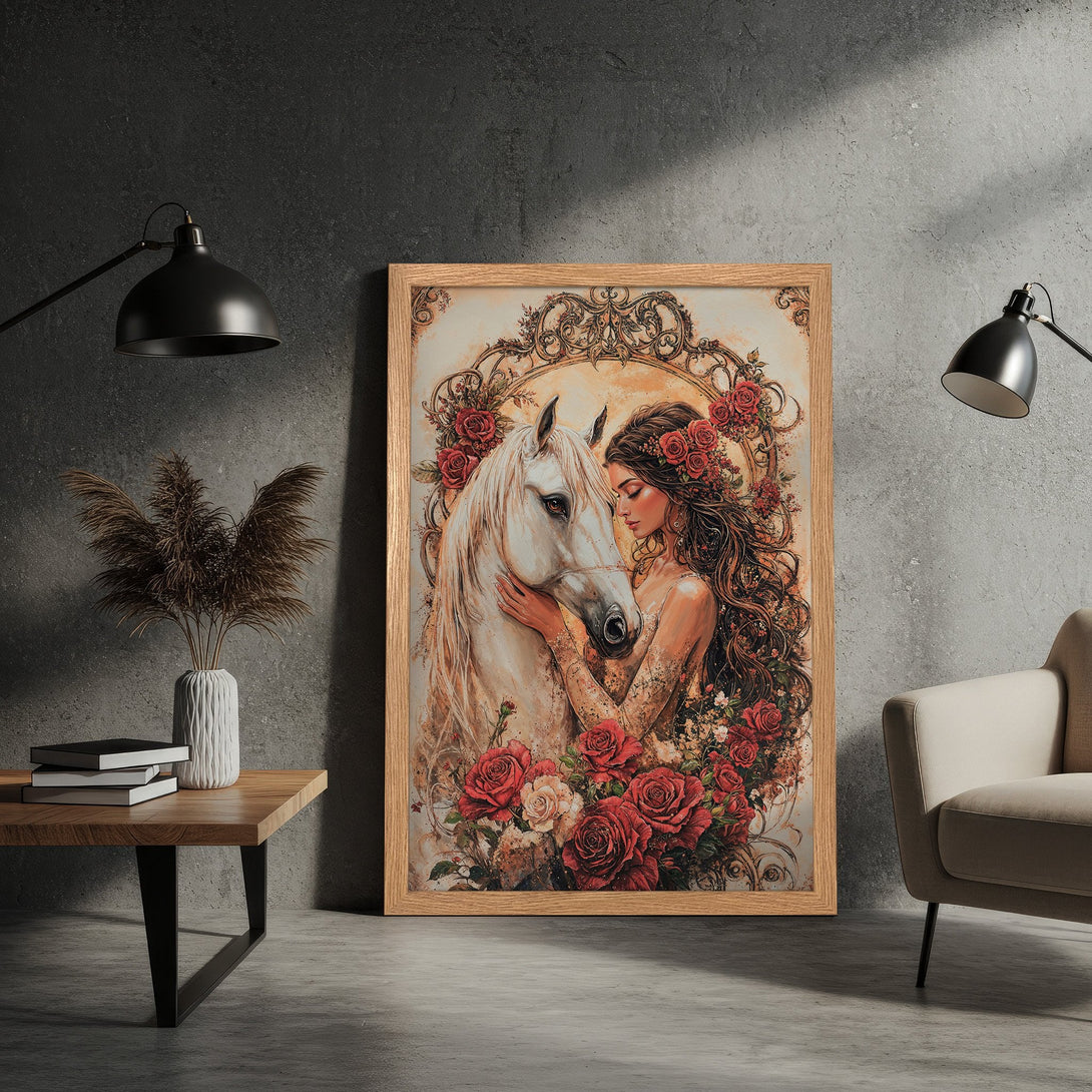 Framed Poster featuring a woman and horse, romantic style, warm color palette with red roses. Perfect wall art!