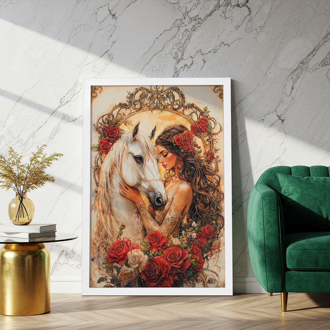 Framed Poster featuring a woman & horse, romantic art style. Rich red, gold, & cream color palette. Perfect wall decor!