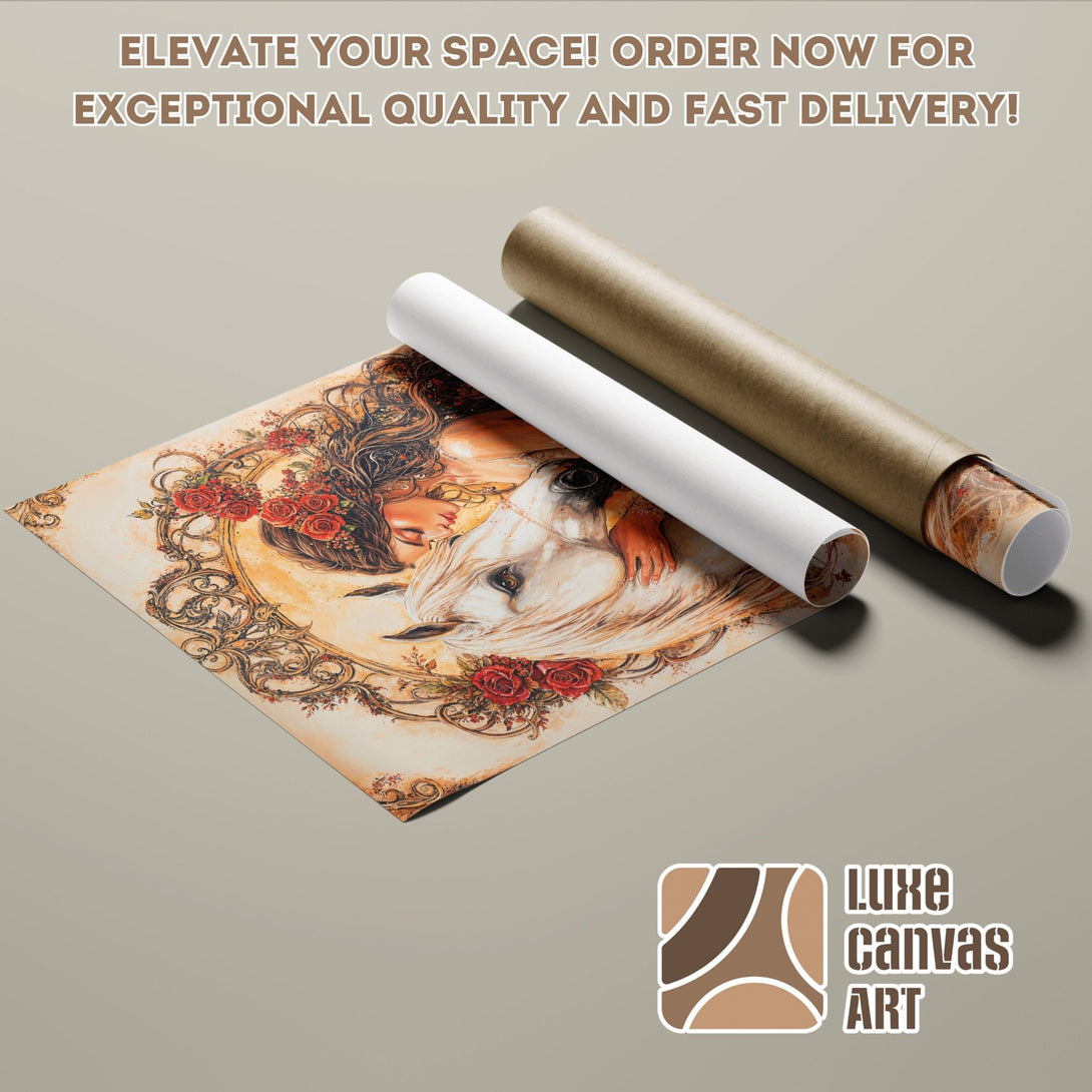 Poster Roll featuring a woman and horse art print, warm color palette, perfect for home decor.