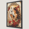 Graceful Equestrian Art Poster with Red Roses and a White Horse