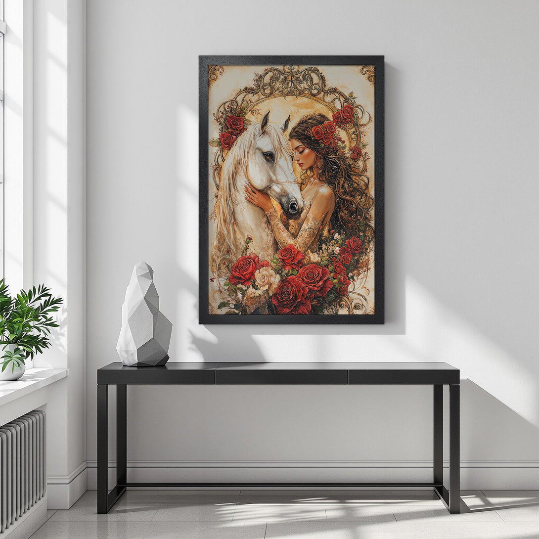 Framed Poster featuring a woman with a white horse, romantic style, warm color palette with red roses. Perfect wall art!