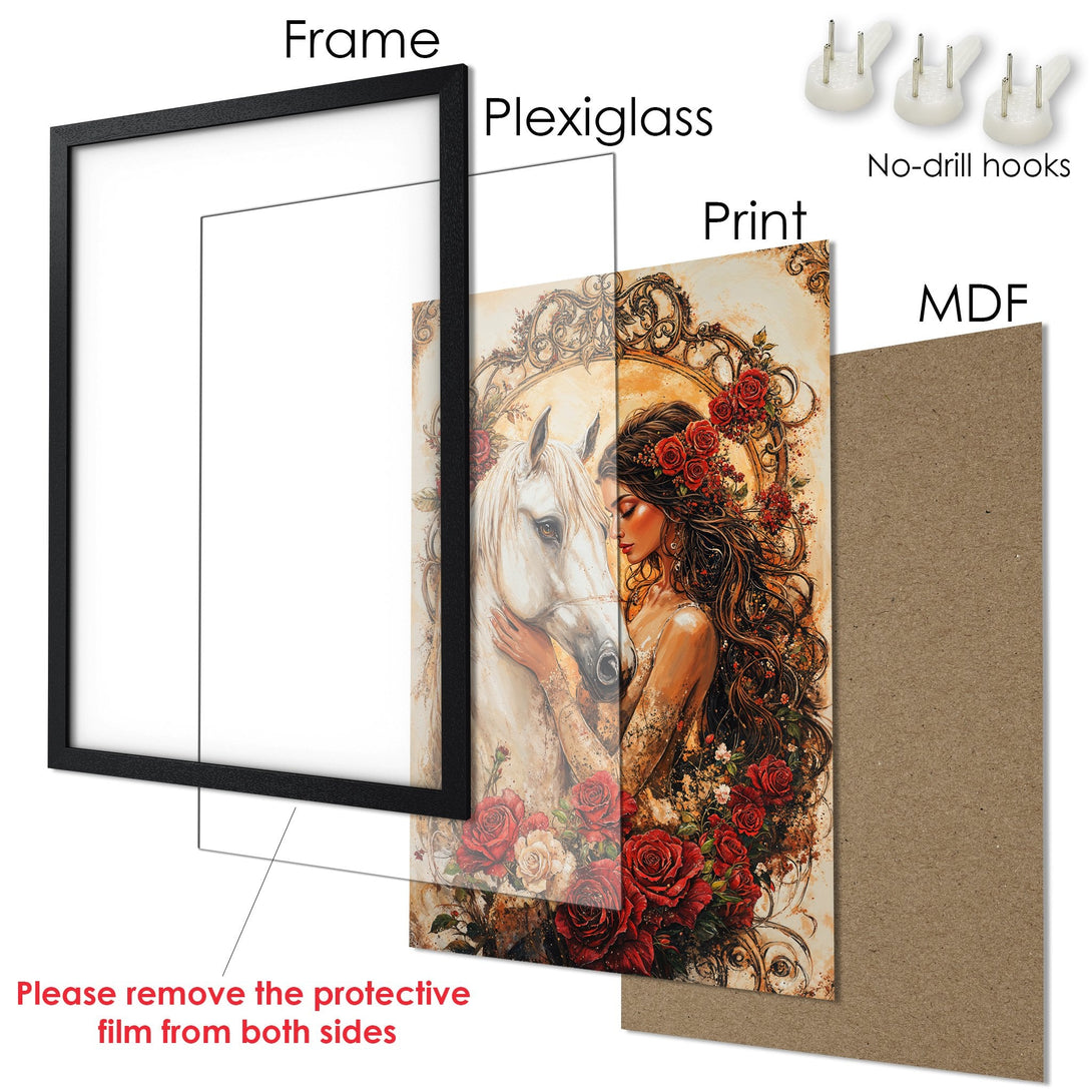Framed Poster featuring a woman and horse, romantic style, warm color palette with reds and browns. Ready to hang!