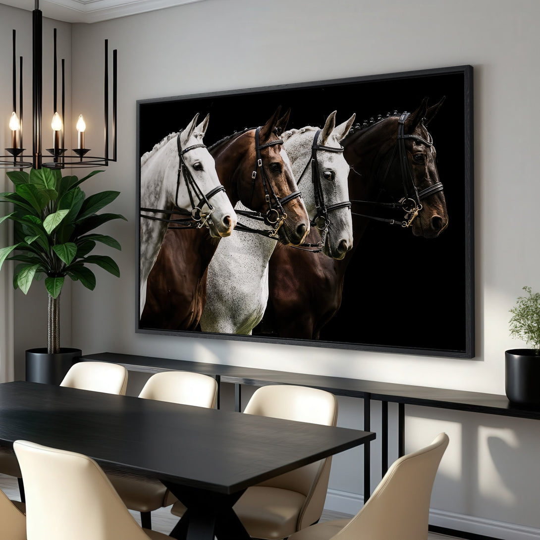 Framed Wall Art: Stunning horse portrait in neutral tones. Modern equestrian decor for your dining room. Elevate your space with this elegant canvas print.