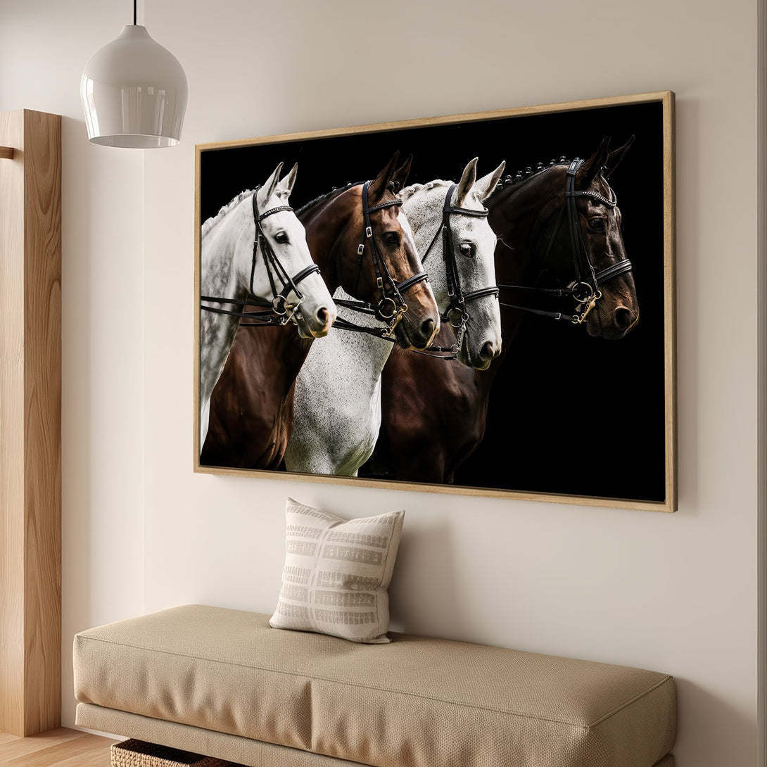 Framed Wall Art featuring stunning horses in a dark, elegant style. Earthy tones and black background create a sophisticated interior decor statement.