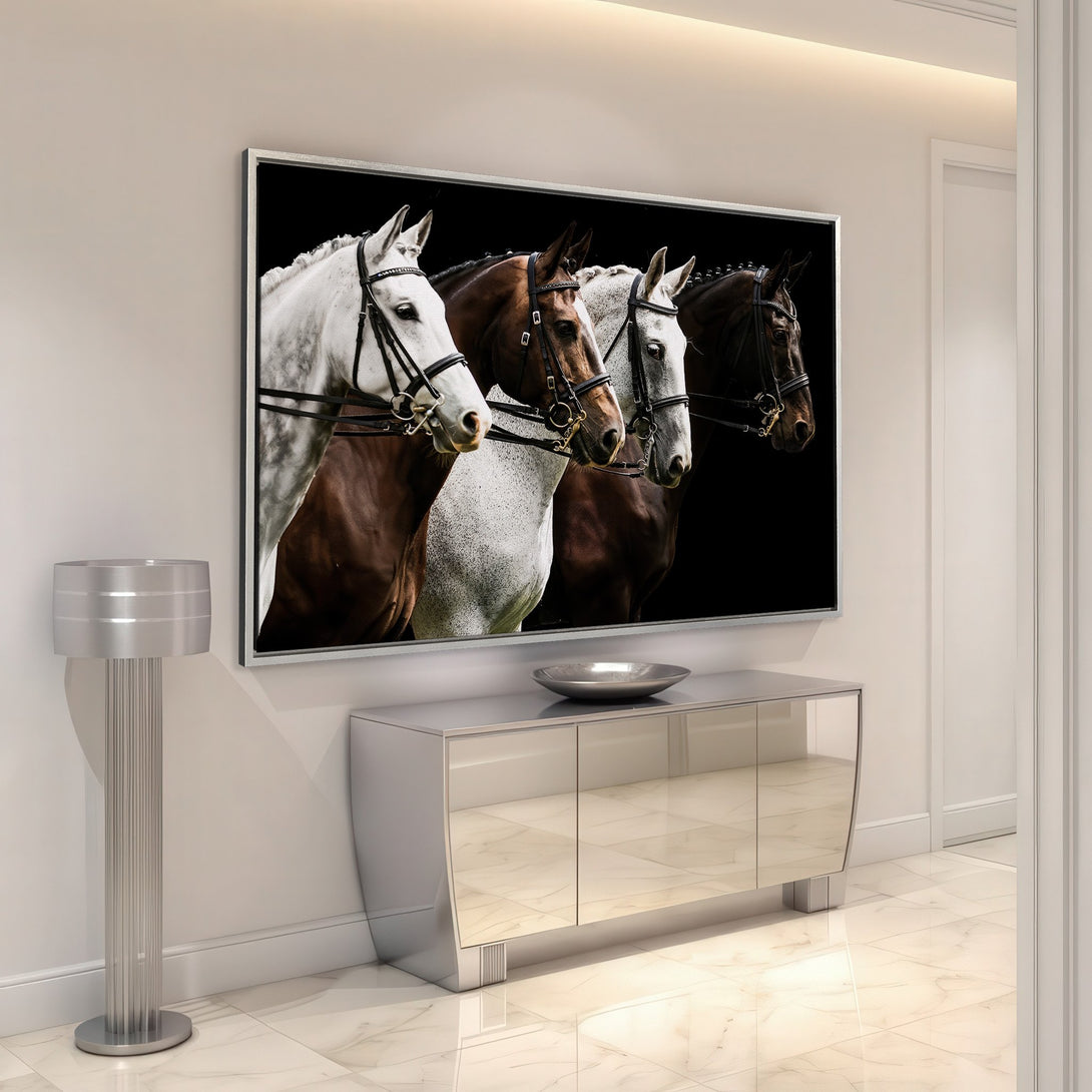 Framed Wall Art featuring stunning horse portrait in a modern interior. Elegant black and white, and brown tones. Perfect equestrian decor!