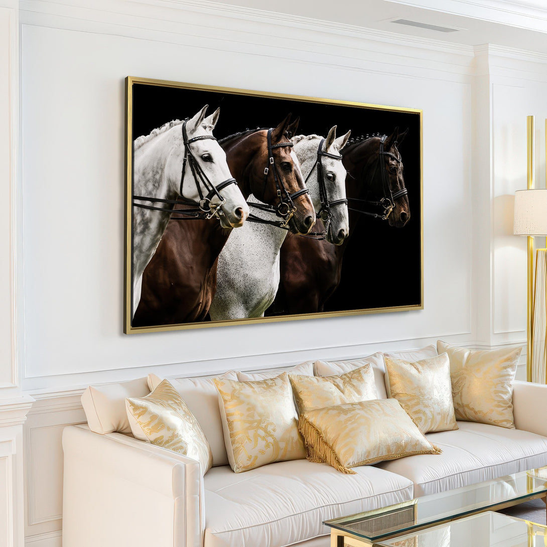 Canvas Print of majestic horses in a modern interior. Equestrian art with a neutral color palette, perfect for adding elegance to any space.