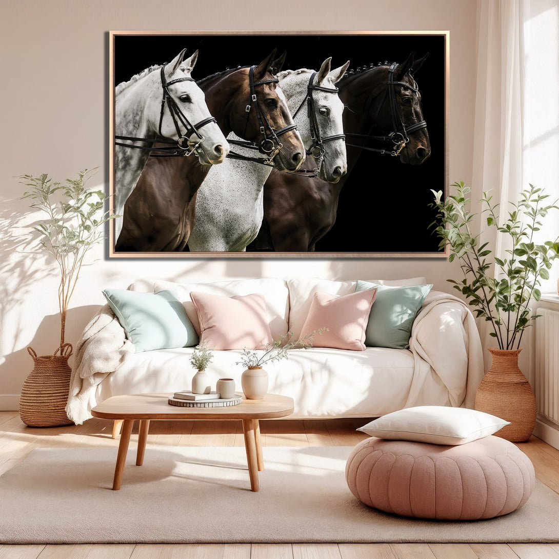 Framed Wall Art: Stunning horse portrait Canvas Print in neutral tones, adding elegance to any living room. Featuring a black background and warm color palette.