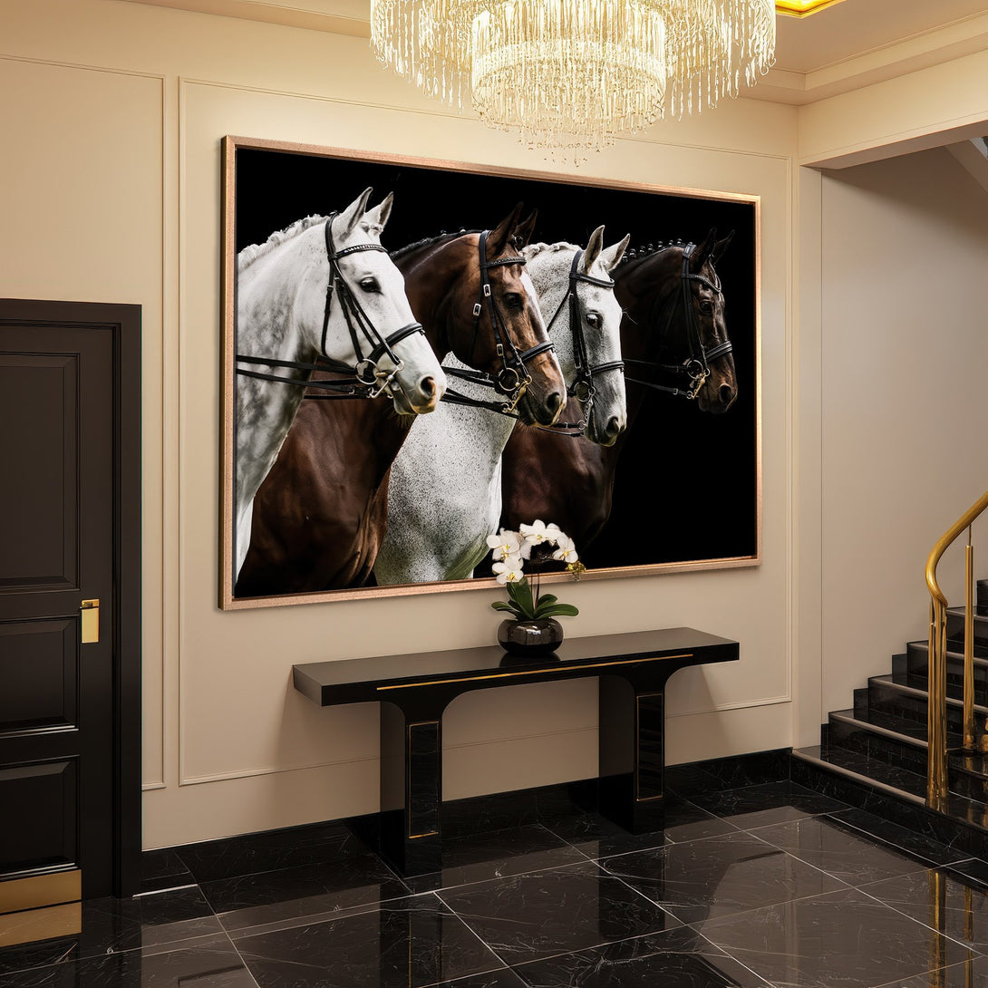 Framed Wall Art: Elegant horse portrait in a luxurious interior. Featuring a black, white, and brown color palette. Perfect for adding sophistication to any space.