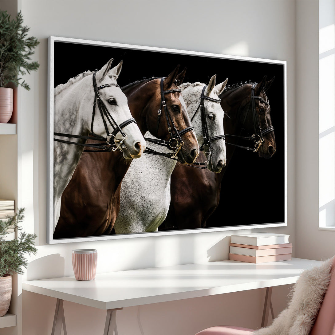 Framed Wall Art featuring stunning horses. Equestrian art in neutral tones, perfect for any home decor. Elevate your space with this beautiful Canvas Print.