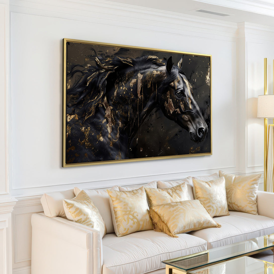 Canvas Print of a majestic black horse with gold accents. Modern abstract art in a luxurious interior setting. Features a black and gold color palette.