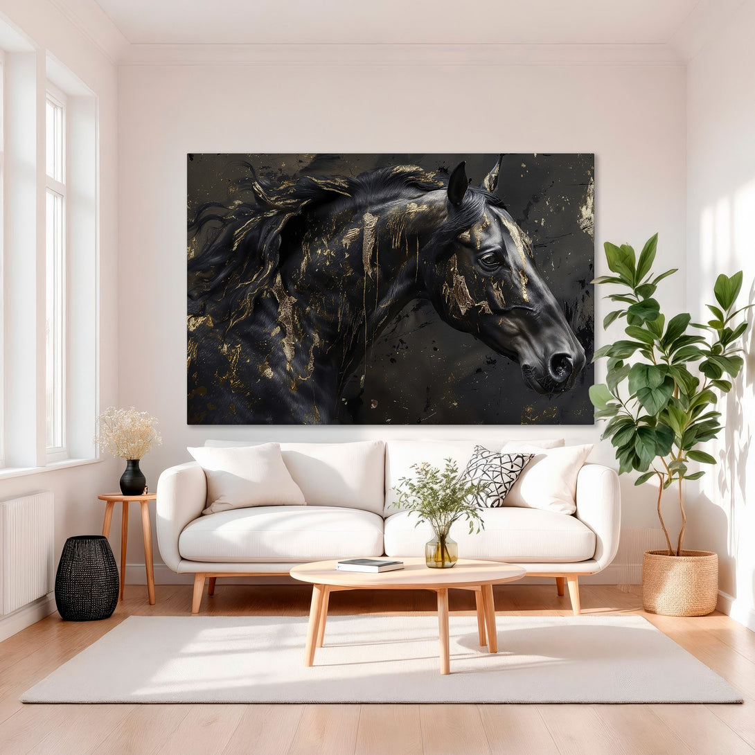 Framed Wall Art: Luxurious black & gold horse portrait canvas print in a modern interior. Elegant abstract style, perfect for home decor.