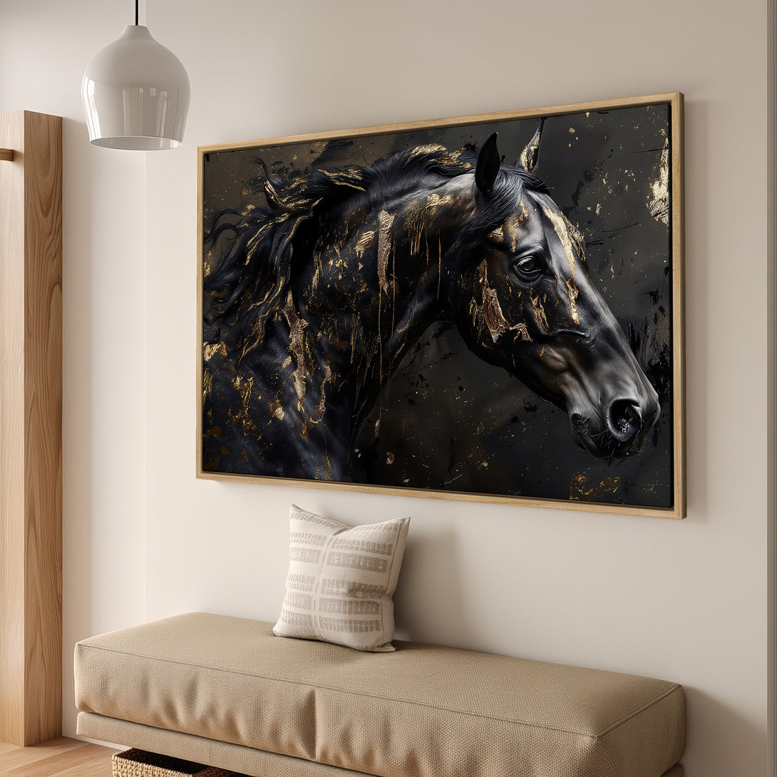 Framed Wall Art: Black horse with gold accents. Modern canvas print in a sophisticated interior, showcasing a striking black and gold color palette.