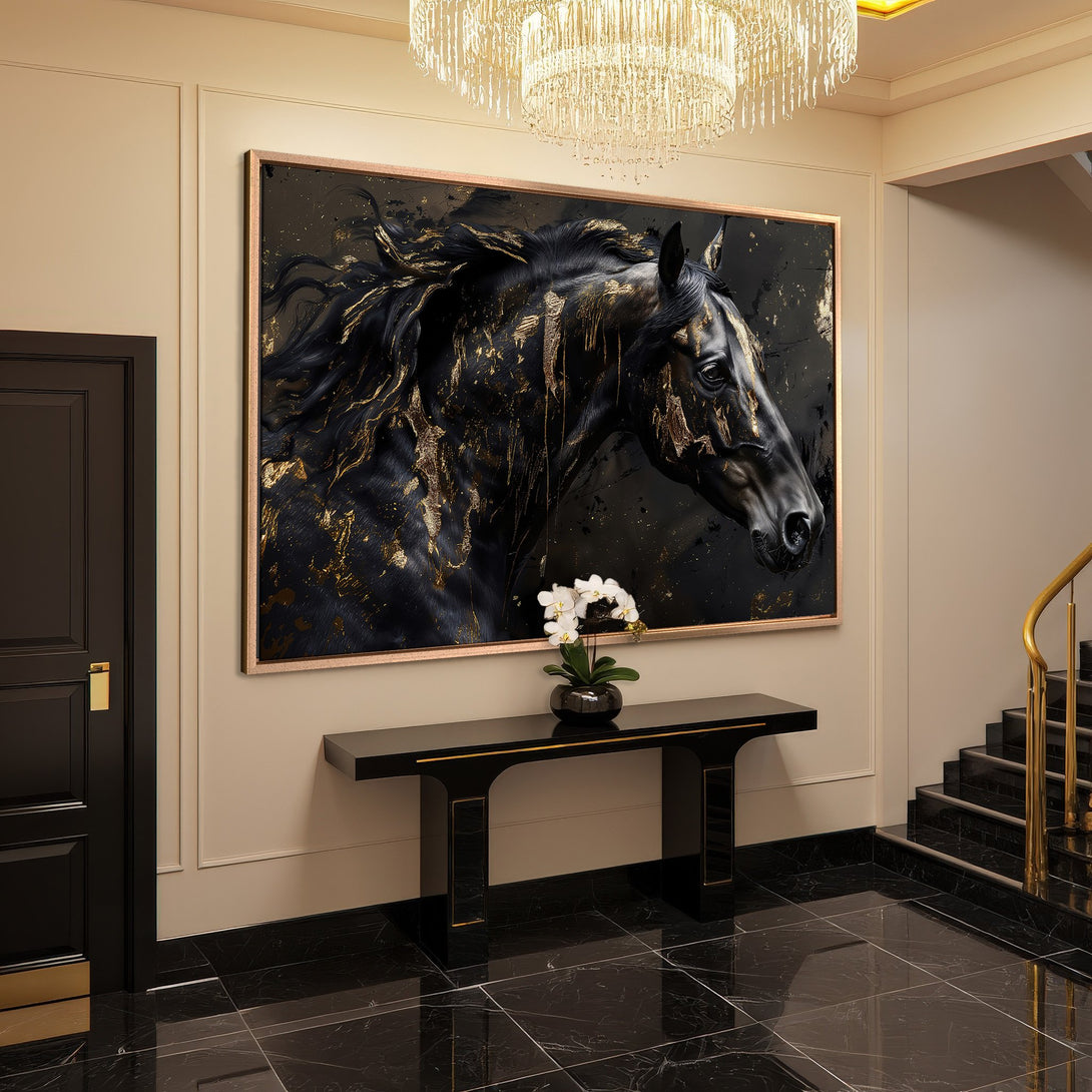 Framed Wall Art: Majestic black horse with gold accents. Elegant canvas print in a luxury interior. Perfect statement piece.
