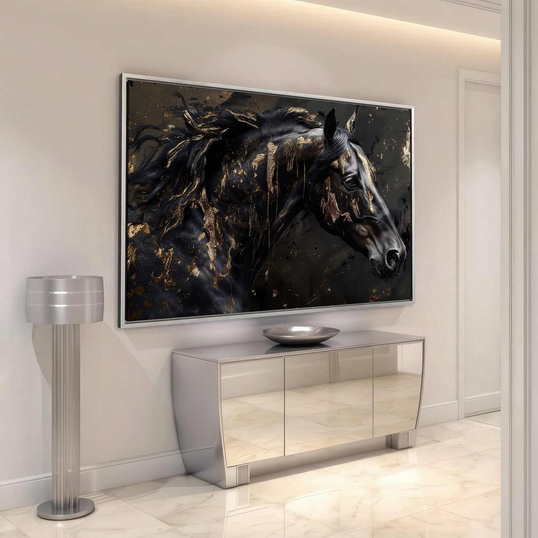 Framed Wall Art: Stunning black horse canvas print with gold accents. Modern style, elegant decor, perfect for living room or entryway.