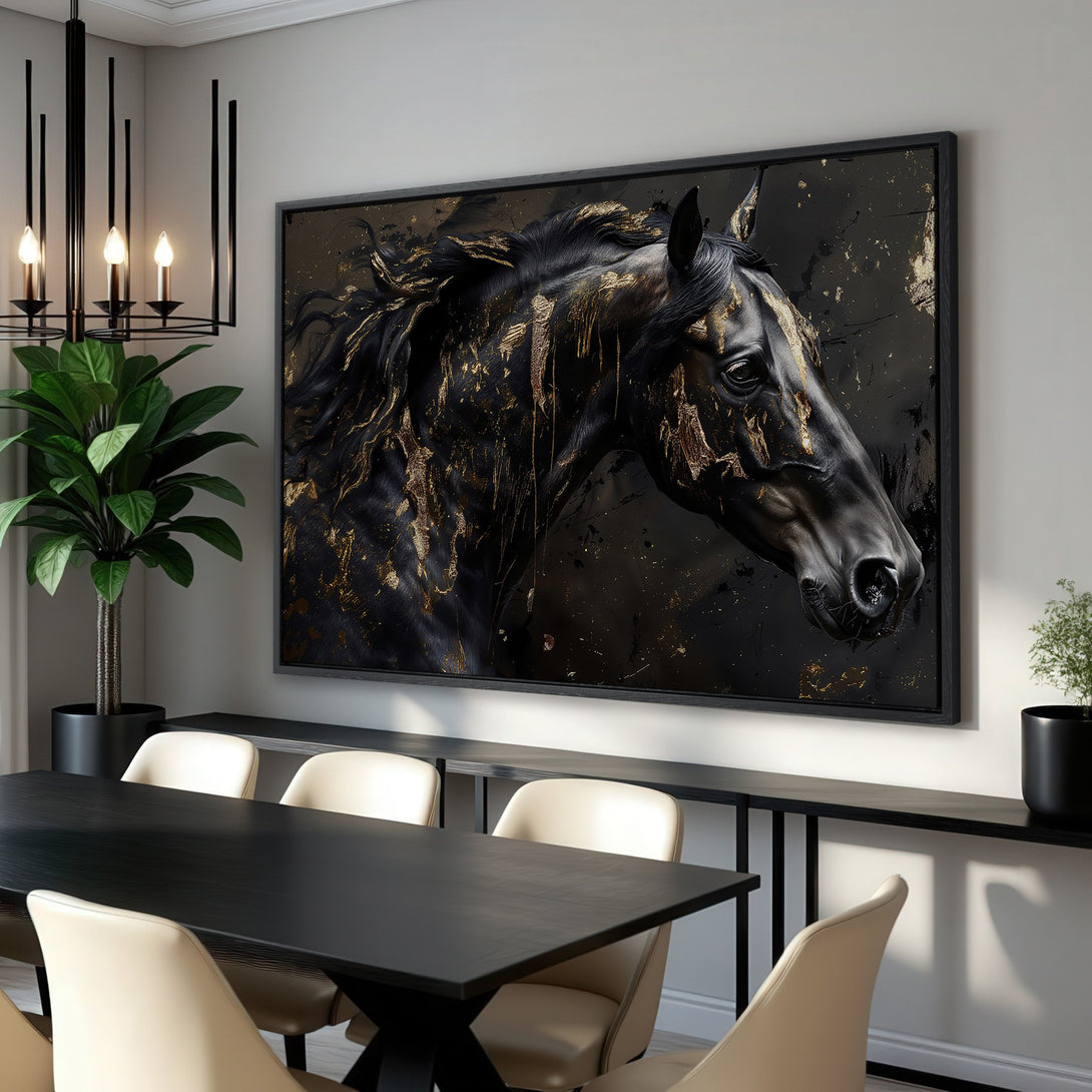 Framed Wall Art featuring a majestic black horse with gold accents. Modern, elegant style in a dark, luxurious color palette. Elevate your space with this stunning canvas print.