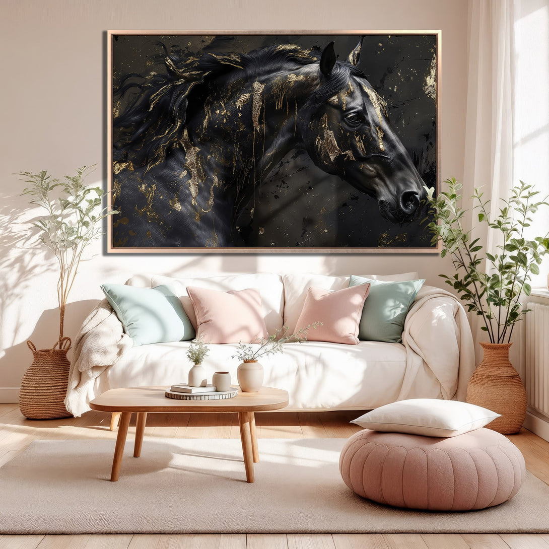 Framed Wall Art: Majestic black horse with gold accents. Modern art print in a living room with a neutral color palette. Elevate your space!