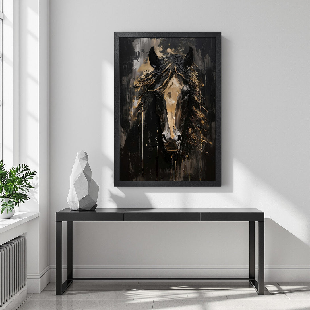 Framed Poster featuring a majestic horse portrait in a modern, abstract style with a black and gold color palette. Elevate your space with art!