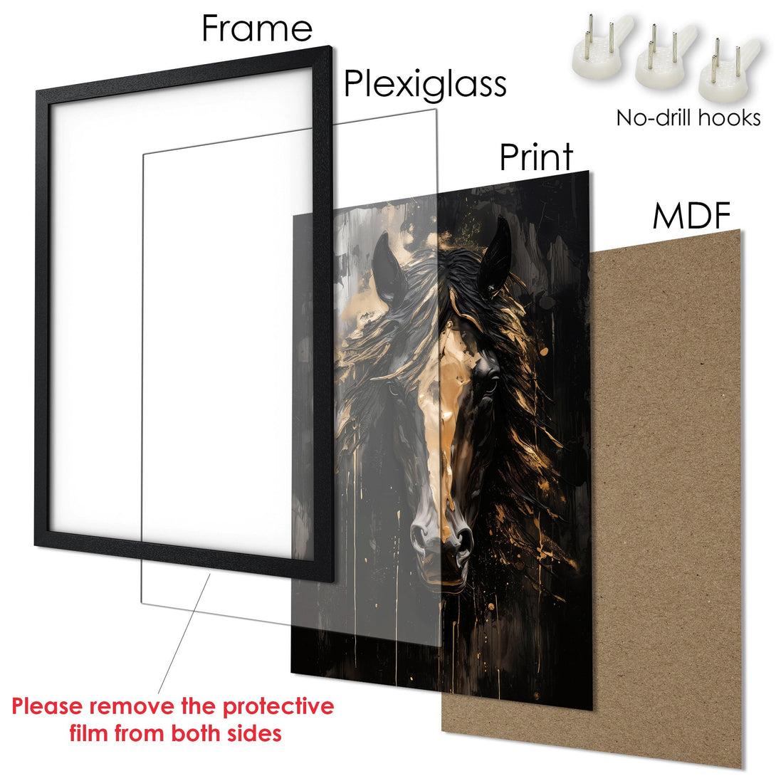 Framed Poster featuring a majestic horse in an abstract style, with a black and gold color palette. Elevate your space with this stunning art.