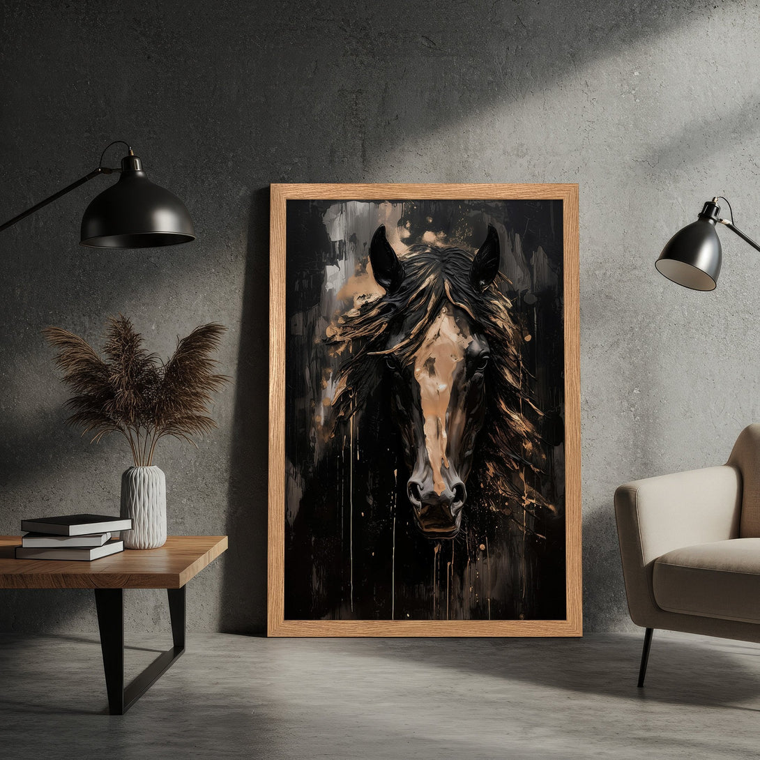 Framed Poster featuring an abstract horse portrait in black, gold, and brown tones. Modern art style for stylish home decor.