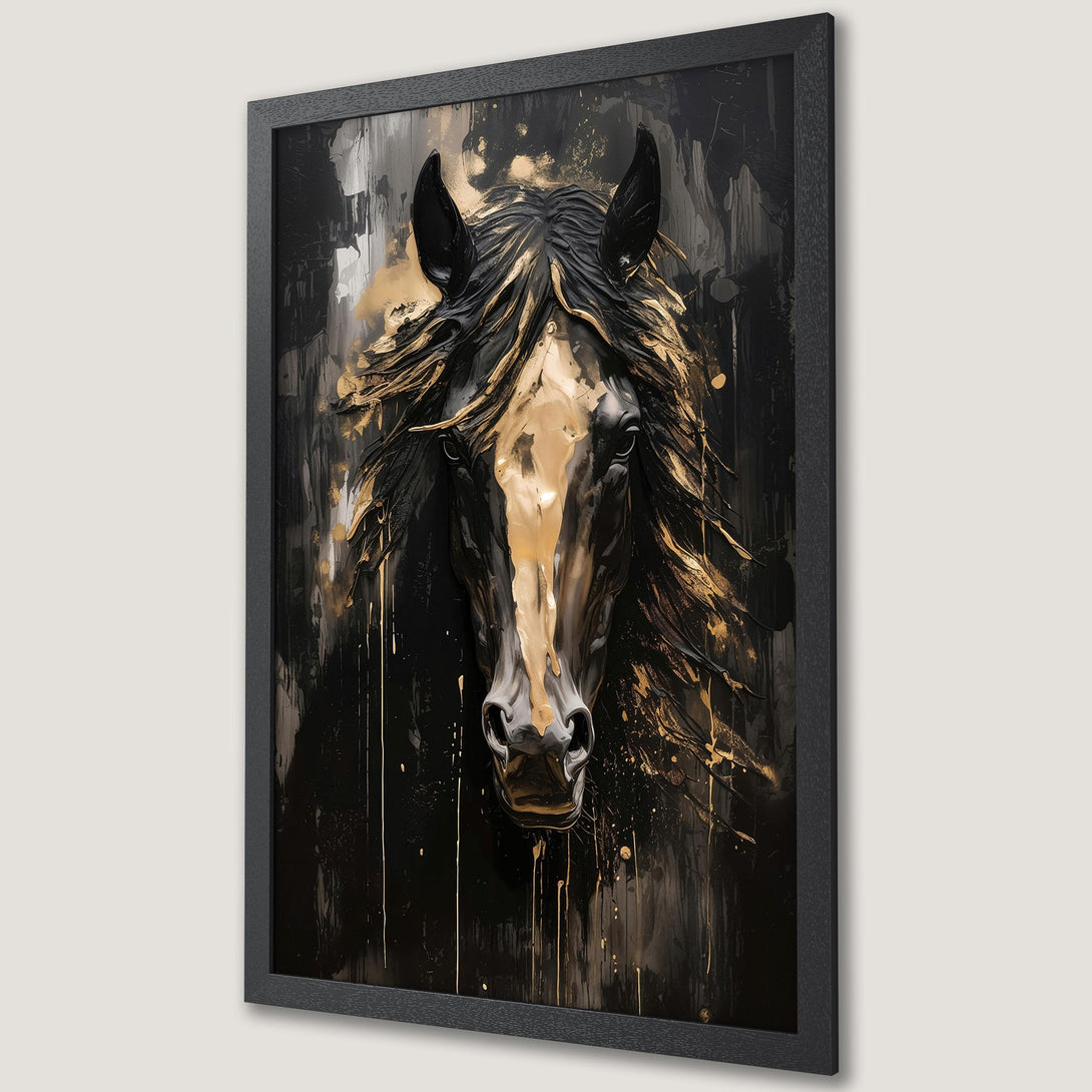 Framed Poster featuring a majestic horse head in a modern, abstract style with a black and gold color palette. Perfect wall art!