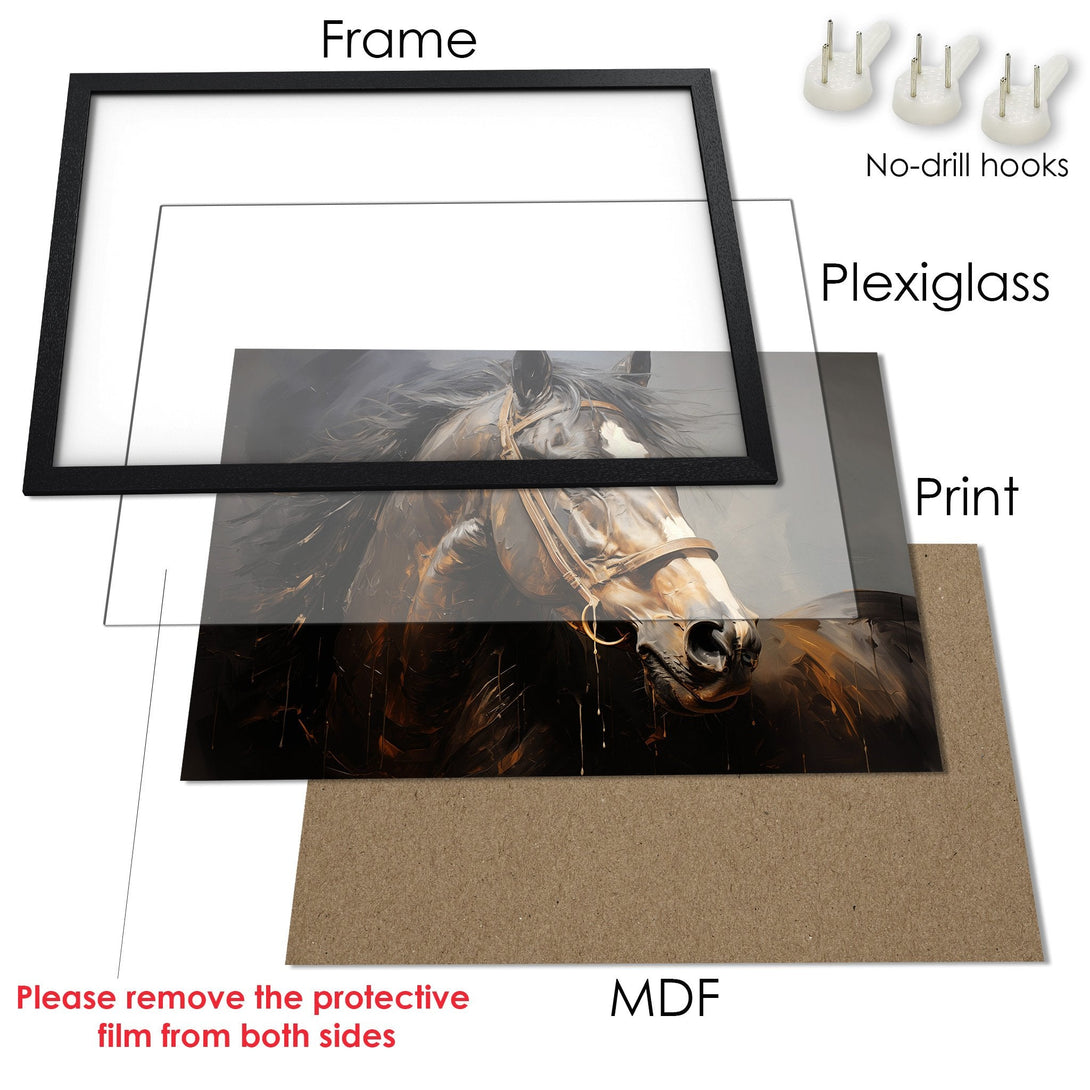 Framed Poster of a majestic horse in a painterly style, featuring a warm, earthy color palette. Elevate your decor with this stunning art print!