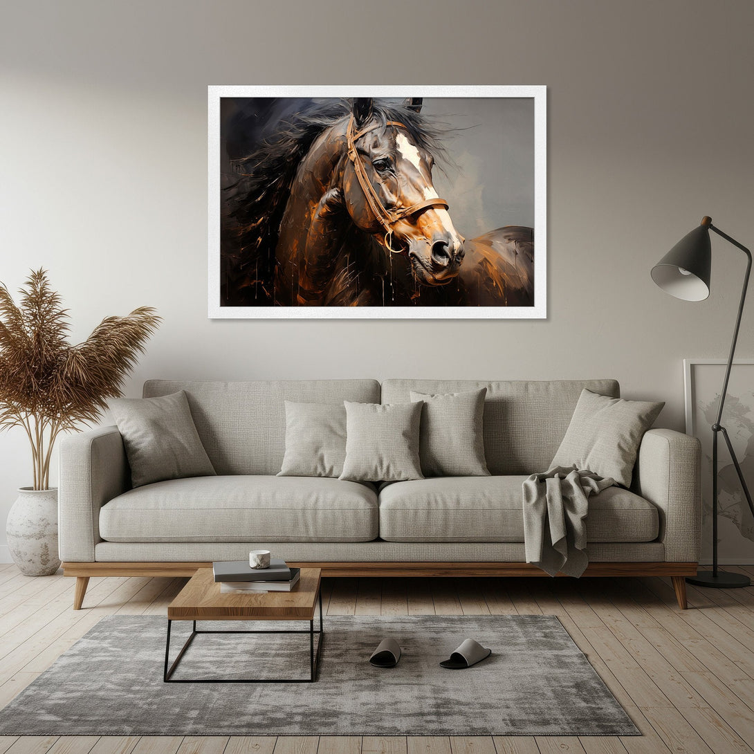 Framed Poster of a majestic horse in a modern, artistic style. Warm brown and black tones create an elegant and inviting wall art piece.