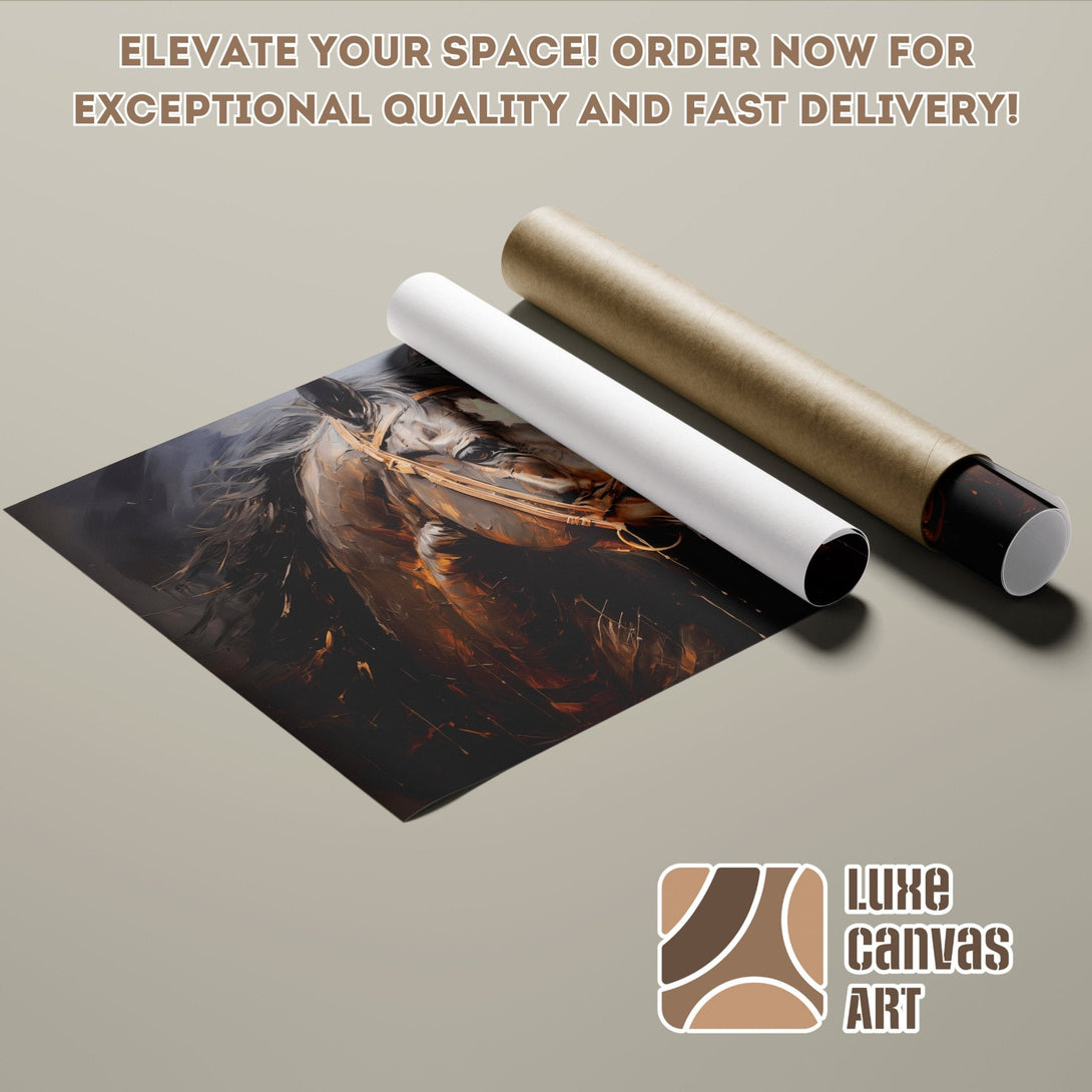 Horse art poster roll, dark and warm color palette, perfect for home decor.
