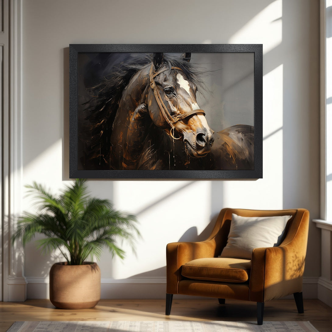 Framed Poster featuring a majestic horse painting in warm earth tones. Perfect art for your home decor!