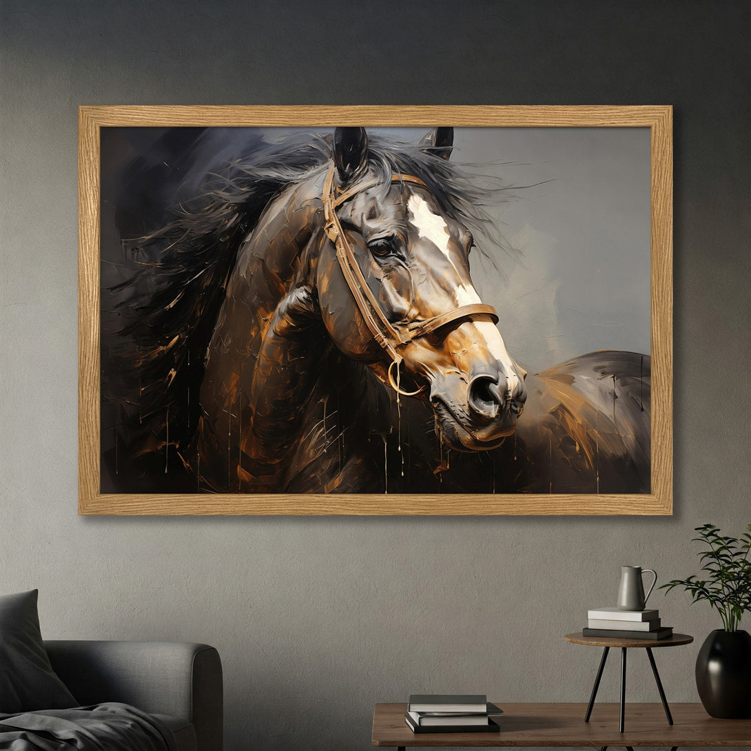 Framed Poster featuring a stunning horse portrait in a painterly style with a warm, earthy color palette. Perfect wall art for any space!