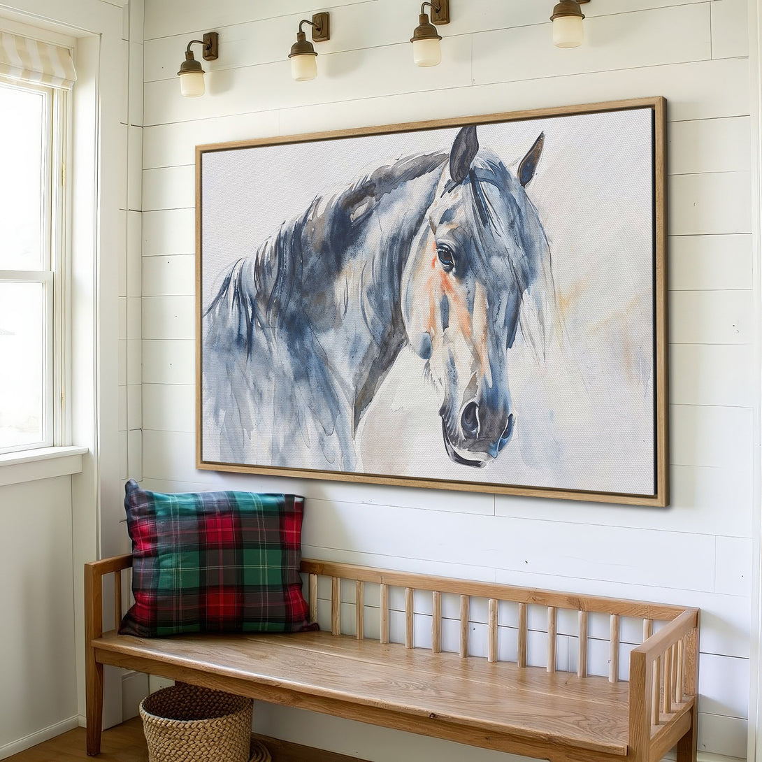 Framed Wall Art featuring a watercolor horse portrait in blue and gray hues. Perfect for adding a touch of rustic elegance to your home decor.