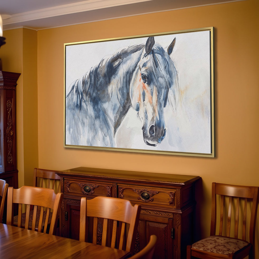 Canvas Print of a watercolor horse portrait in blue and beige tones, perfect for rustic home decor.