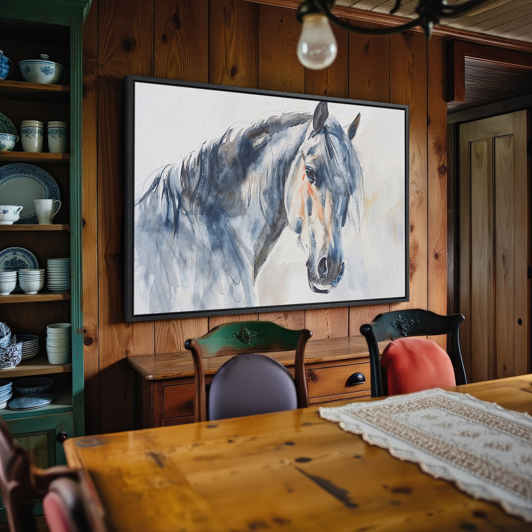 Framed Wall Art: Watercolor horse portrait in blue and gray tones. Rustic decor with a warm, inviting color palette. Add art to your space!