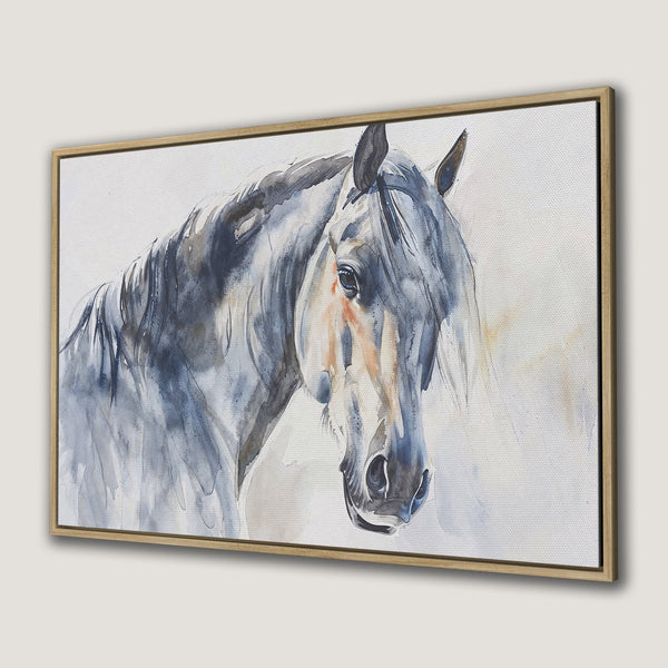Framed Wall Art featuring a watercolor horse portrait. Elegant, blue and gray color palette. Perfect equestrian decor for your home.