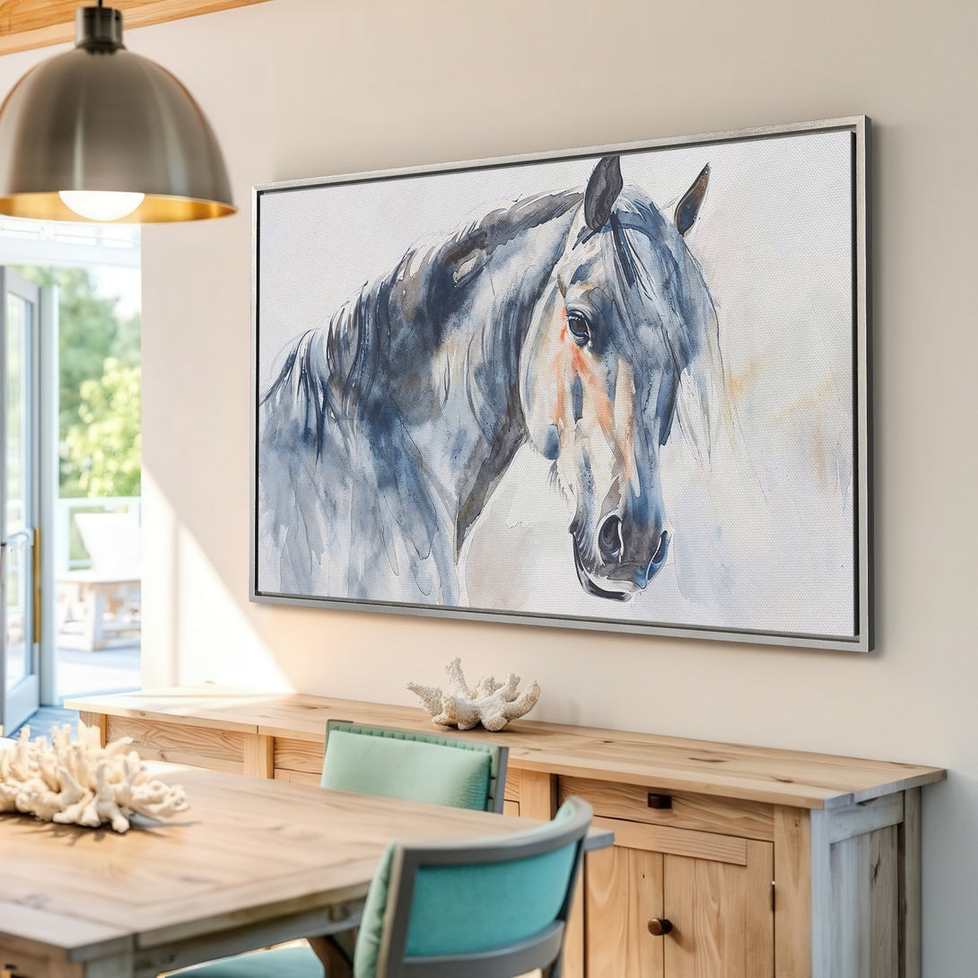 Framed Wall Art: Watercolor horse portrait in blue and gray tones. Add elegance to your home with this stunning Canvas Print.