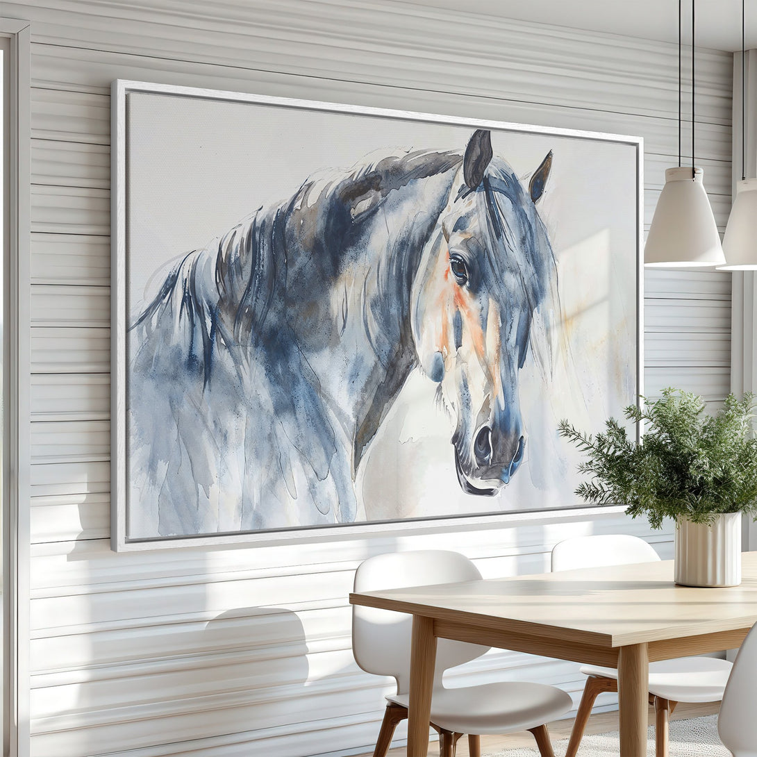 Framed Wall Art: Watercolor horse portrait in blue and grey tones. Modern canvas print adds elegance to any interior. Shop now for stunning wall decor!