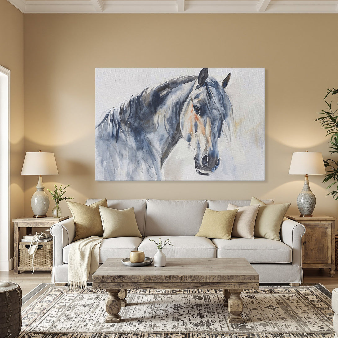 Framed Wall Art: Watercolor horse portrait in blue & gray tones. Perfect for adding a touch of elegance to your home decor.