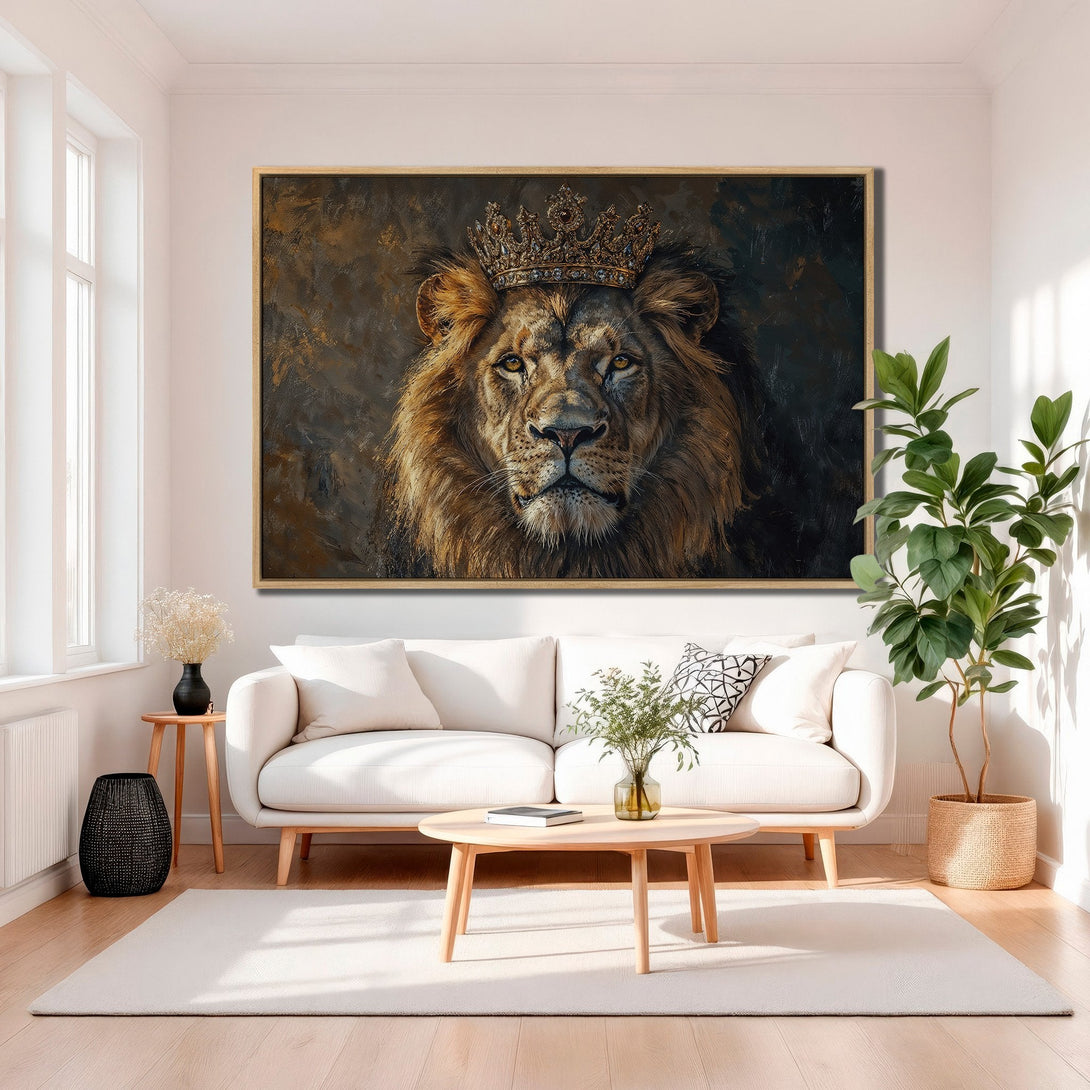 Framed Wall Art: Majestic lion portrait with crown, warm brown and gold tones. Transform your space with this stunning, regal canvas print!