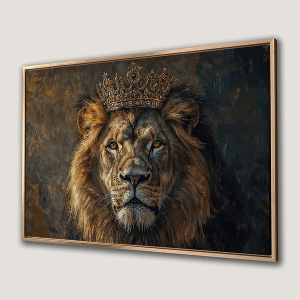 Framed Wall Art: Majestic lion portrait with crown, warm brown and gold tones. Regal animal art for your home decor.