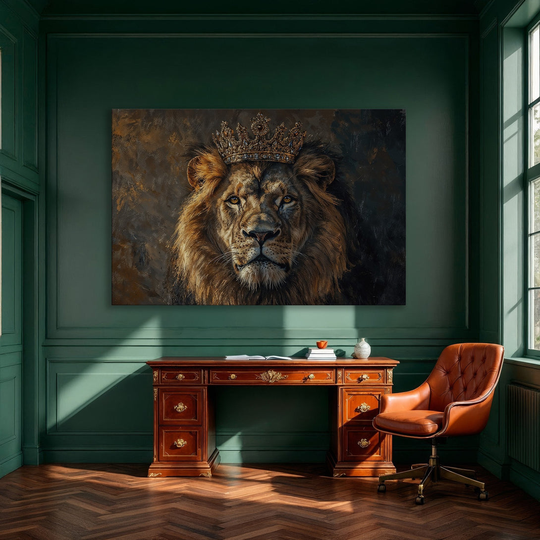 Framed Wall Art: Majestic lion portrait with crown. Earthy tones of brown and gold. Perfect for adding a touch of regal elegance to your home decor.