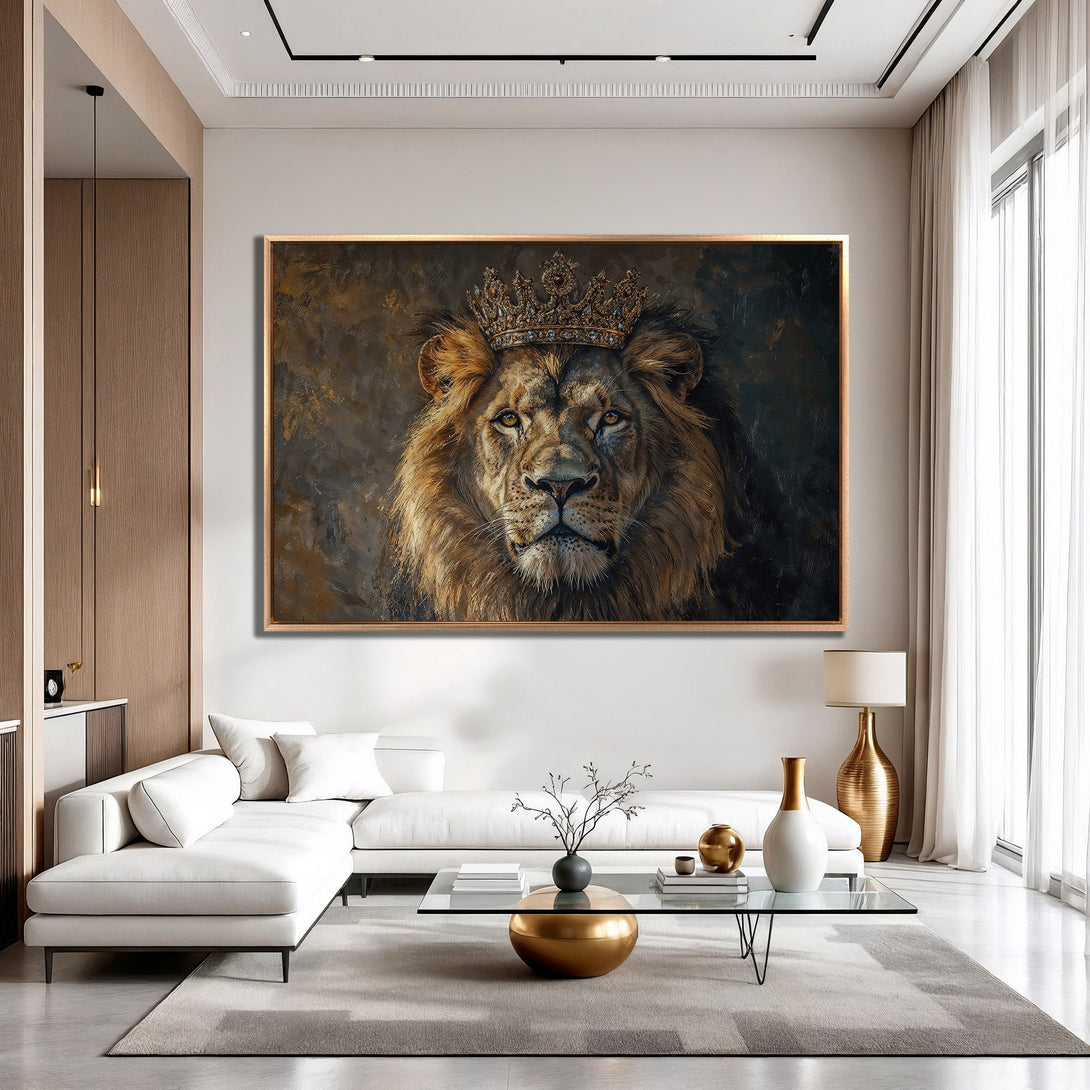 Framed Wall Art: Majestic lion with crown, regal portrait in warm brown & gold tones. Elevate your space with this stunning canvas print.
